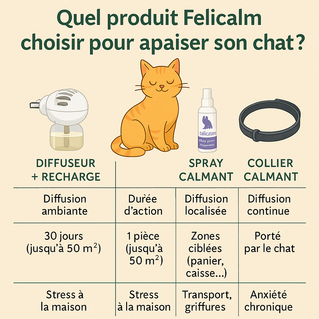 Bien choisir entre les produits Felicalm : notre tableau comparatif pour calmer votre chat.