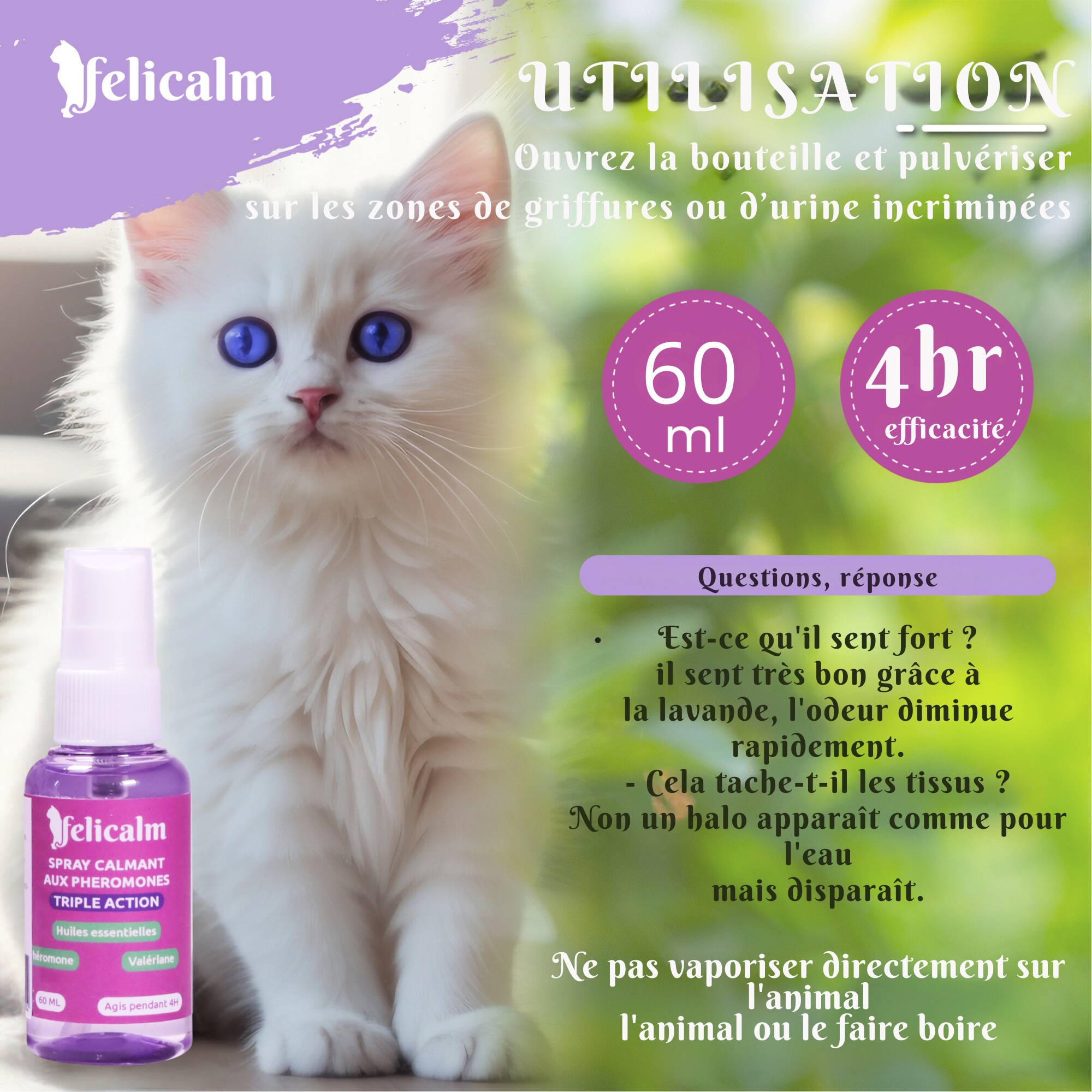 FELICALM Spray Valériane 60ml : Anti-Stress Chat & Chaton - Phytothérapie (Huiles Essentielles + Phéromones)
