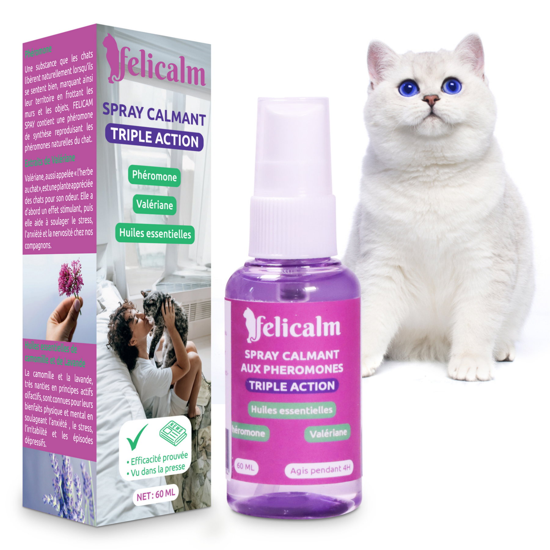 Chat et son spray clamant a la valériane et au phéromone