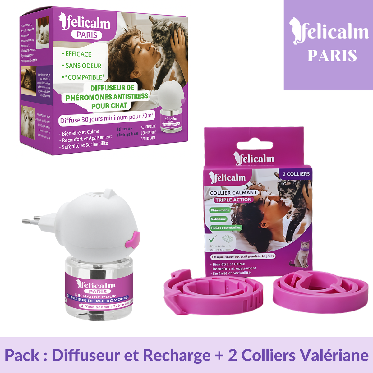 Pack Phéromone Chat – Diffuseur Anti-Stress + 2 Colliers à la Valériane – Felicalm