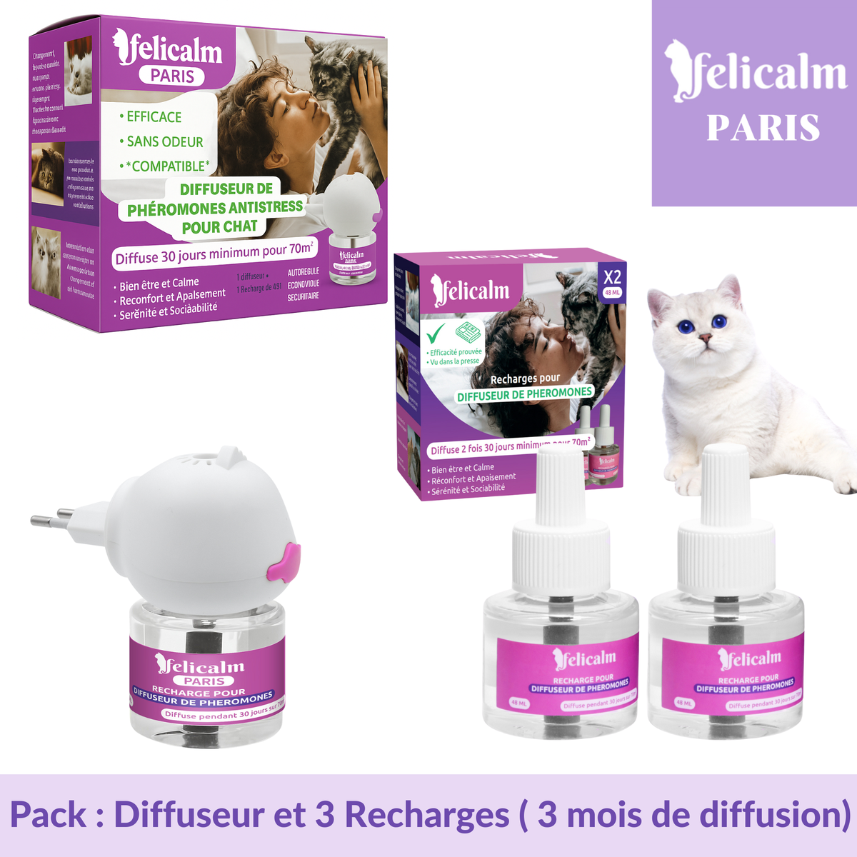 Pack Felicalm – Diffuseur + 3 recharges de phéromones pour chats – 3 mois de diffusion apaisante