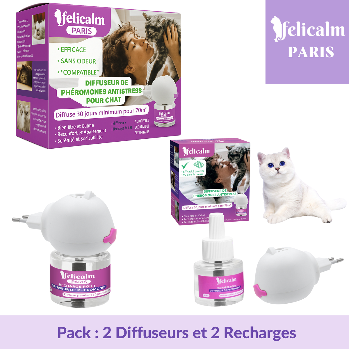 Pack Anti-Stress Chat – 2 Diffuseurs + 2 Recharges Phéromone Naturelle