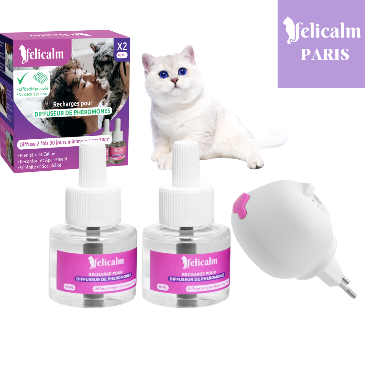Pack Découverte Felicalm® : 2 recharges phéromones + diffuseur OFFERT | Chat apaisé