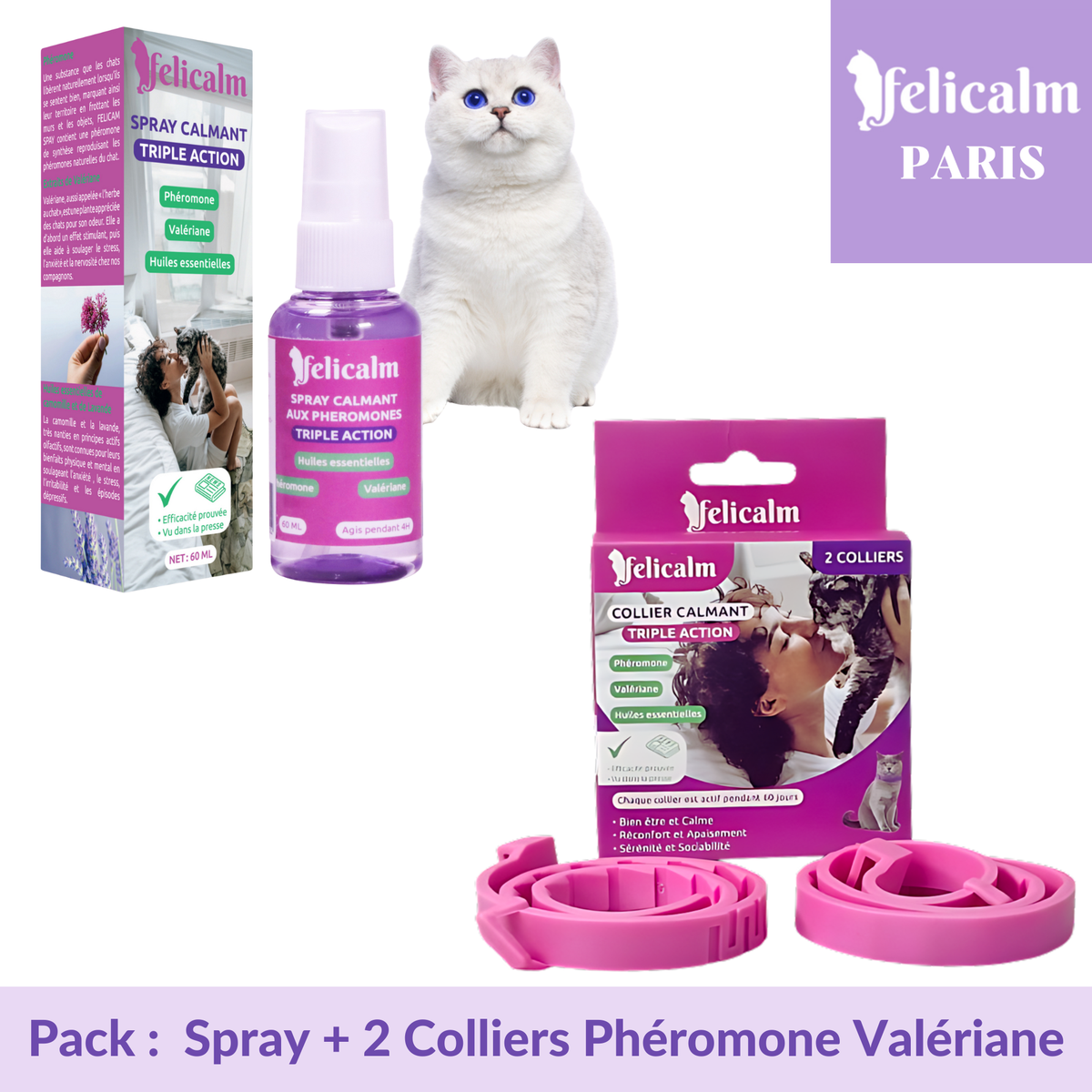 Pack Anti-Stress Chat – 2 Colliers & Spray Phéromone Valériane