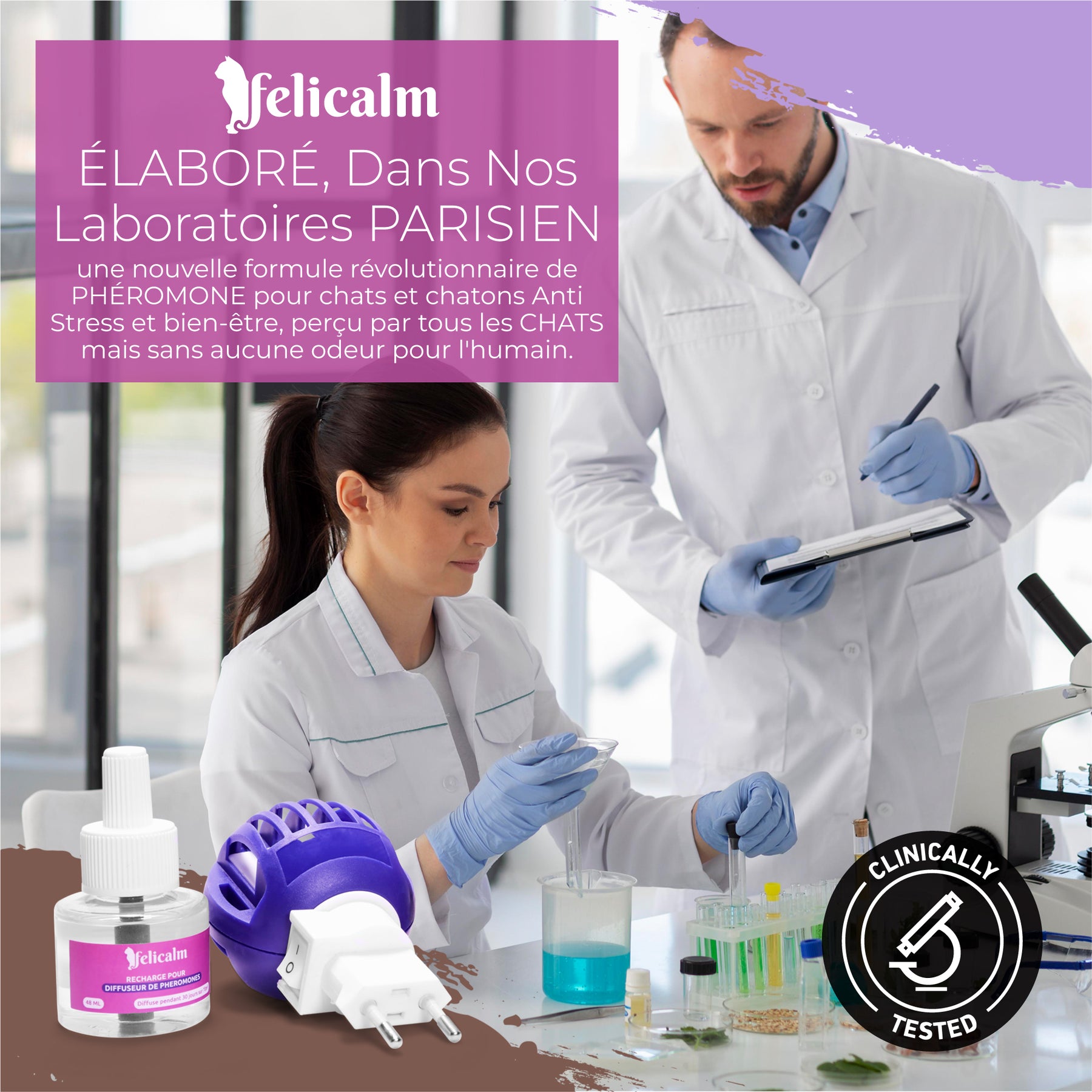 chercheurs au travail pour élaborer la meilleure formule de phéromone féline en diffusion