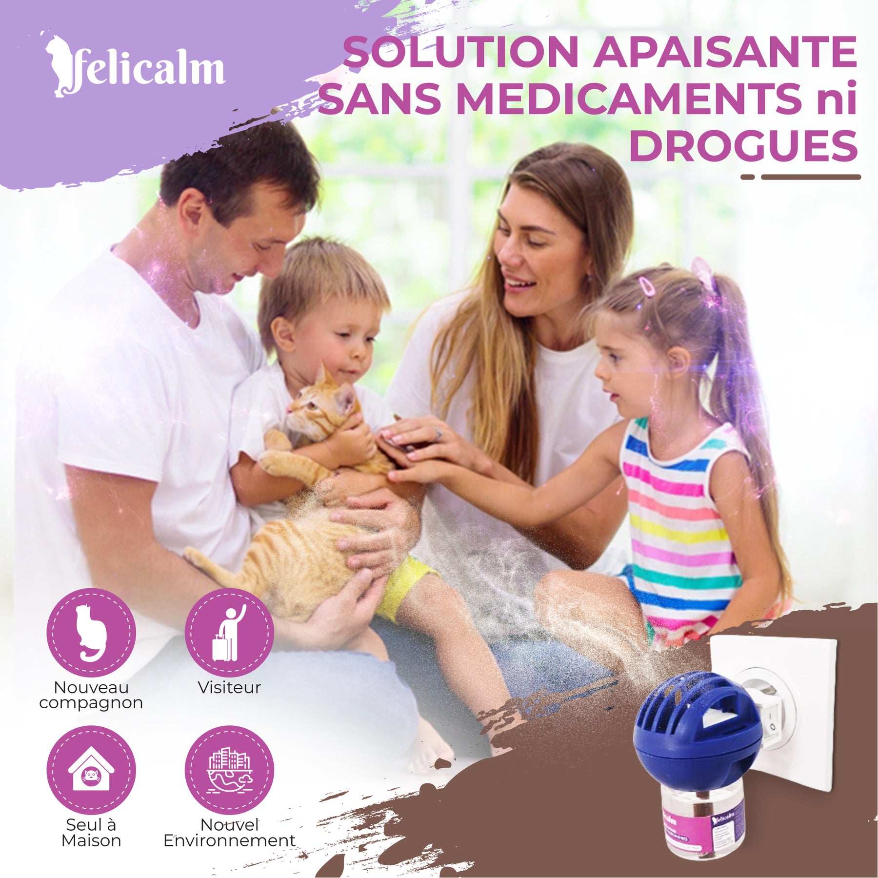 famille heureuse avec son chat heureux car ils utilisent un diffuseur de phéromone féline
