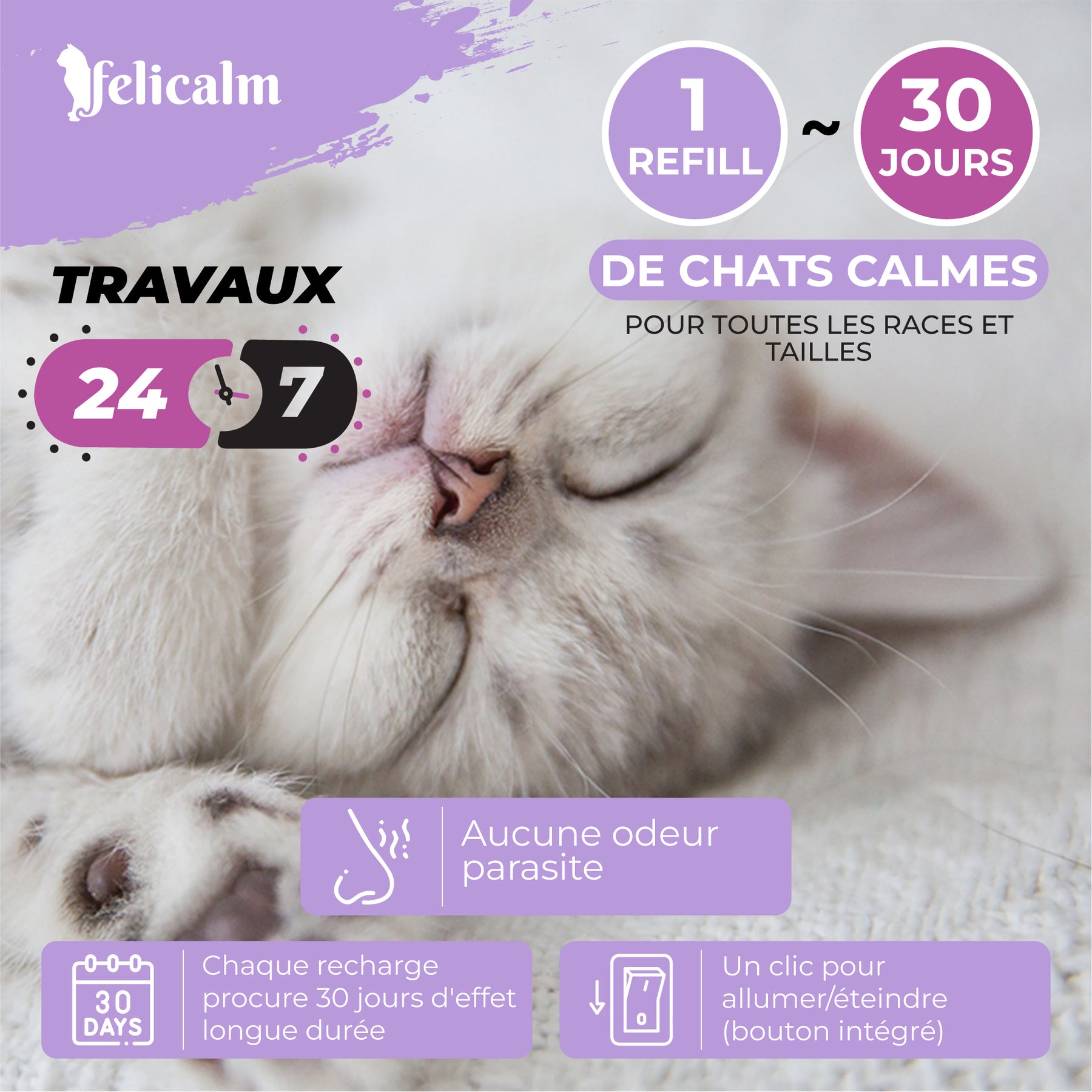 les recharges de phéromone féline sont efficace pendant 30 jours pour 70 m2 sans odeur parasite
