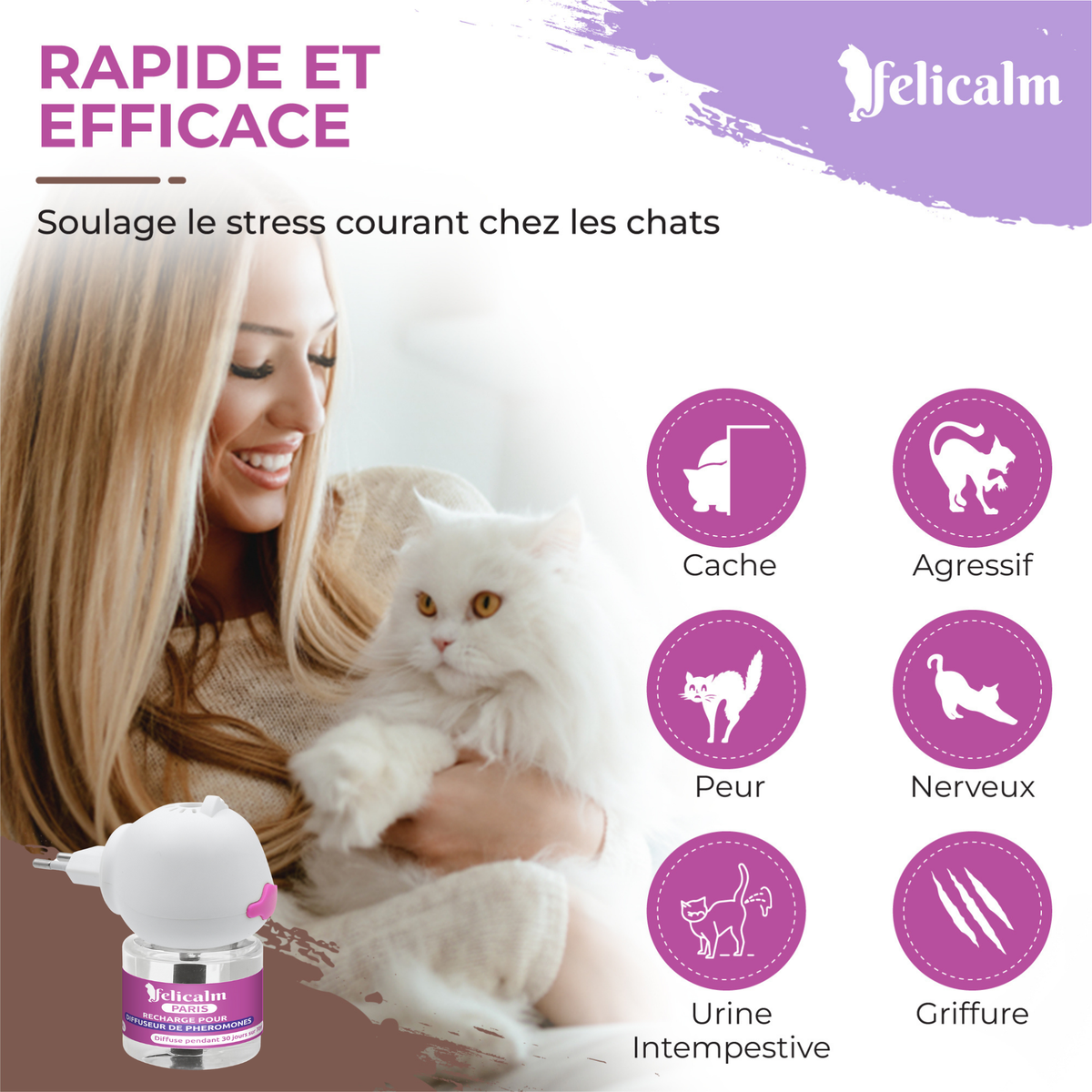 Diffuseur Felicalm phéromones chat et chaton – Anti-stress 90 % efficace – Design sympa avec bouton On/Off rose – 30 jours / 70 m² – Sans odeur – Livraison gratuite