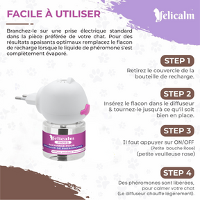 Diffuseur Felicalm phéromones chat et chaton – Anti-stress 90 % efficace – Design sympa avec bouton On/Off rose – 30 jours / 70 m² – Sans odeur – Livraison gratuite