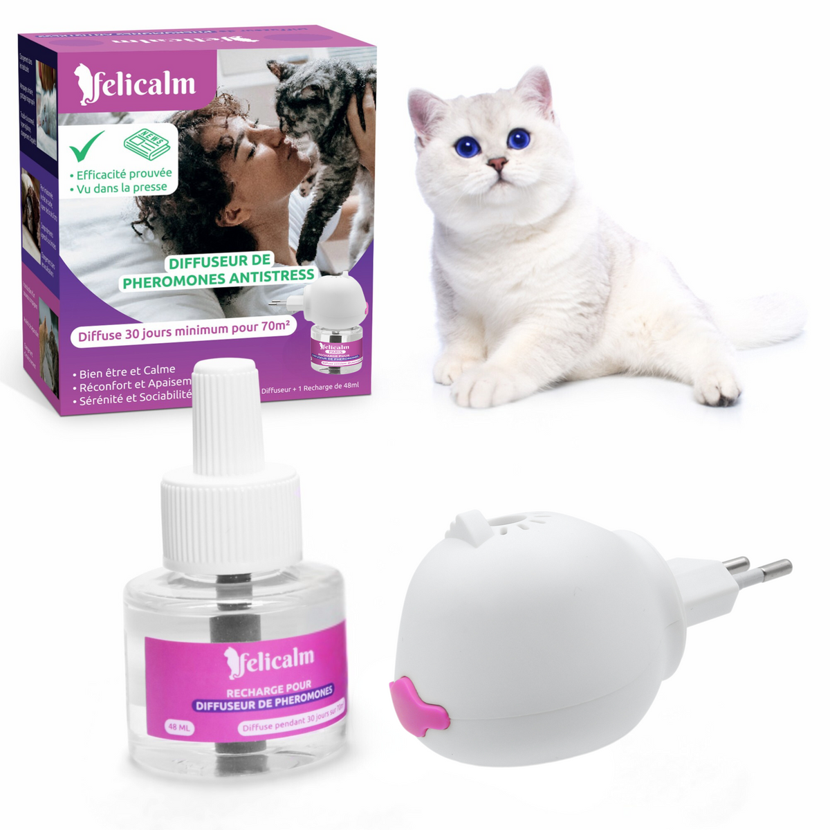 Diffuseur Felicalm phéromones chat et chaton – Anti-stress 90 % efficace – Design sympa avec bouton On/Off rose – 30 jours / 70 m² – Sans odeur – Livraison gratuite