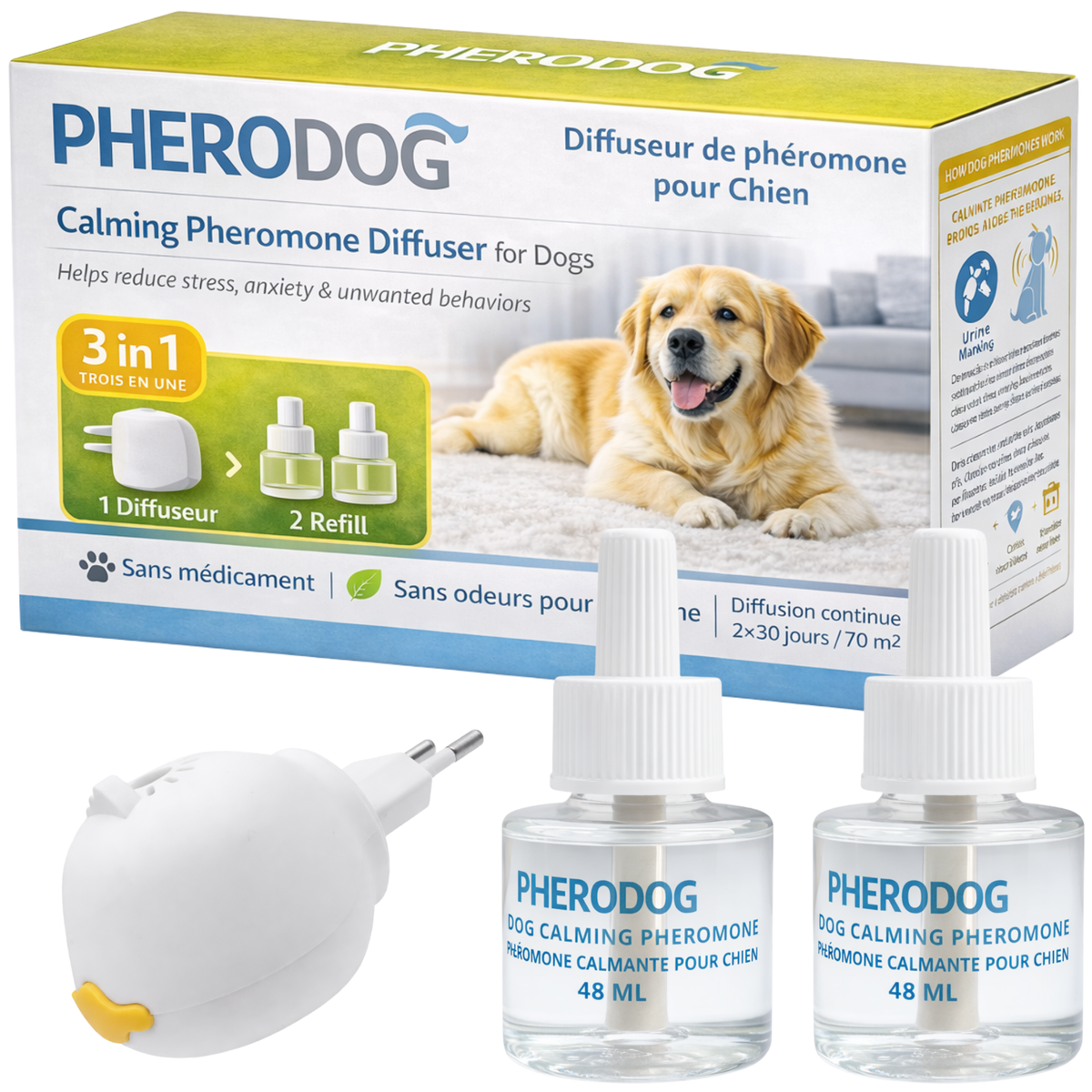 PheroDog  Phéromones Chien  1 Diffuseur et  2 Recharges apaisant pour chien  – Felicalm Paris