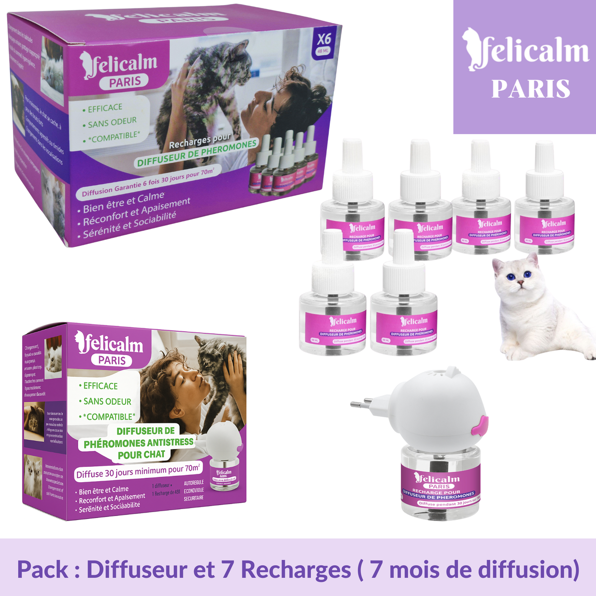 Pack Super Économique Felicalm – Diffuseur + 7 Recharges de Phéromones – 7 Mois de Tranquillité