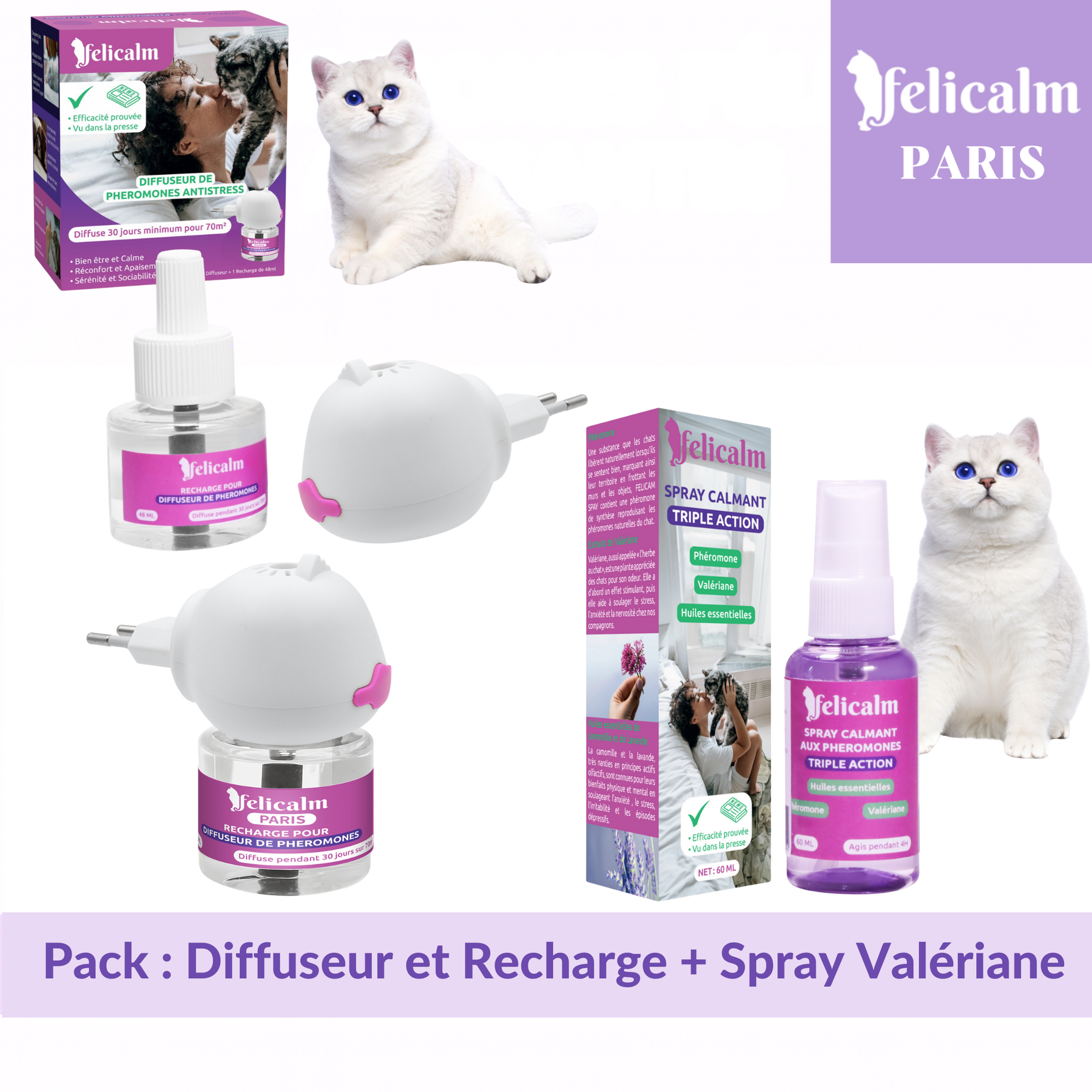 Pack Felicalm – Diffuseur + 3 recharges de phéromones pour chats – 3 mois de diffusion apaisante