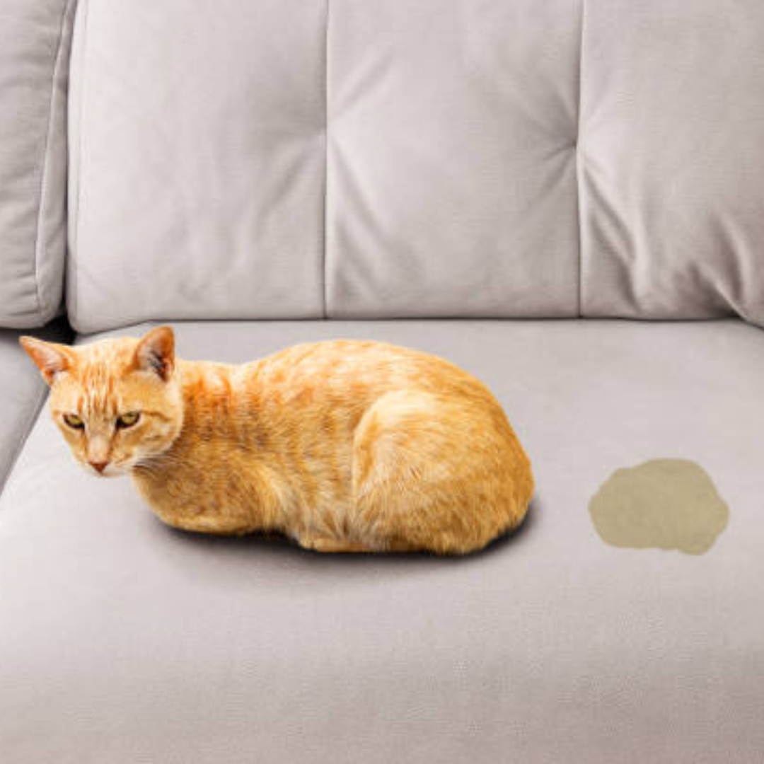 chat qui fait pipi sur son canapé  gris