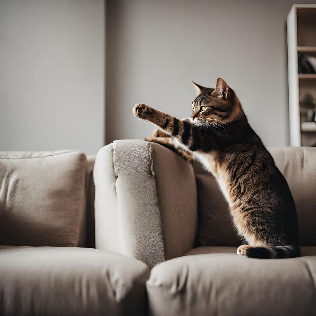 un chat qui griffe un canapé gris dans le salon d esa maitresse